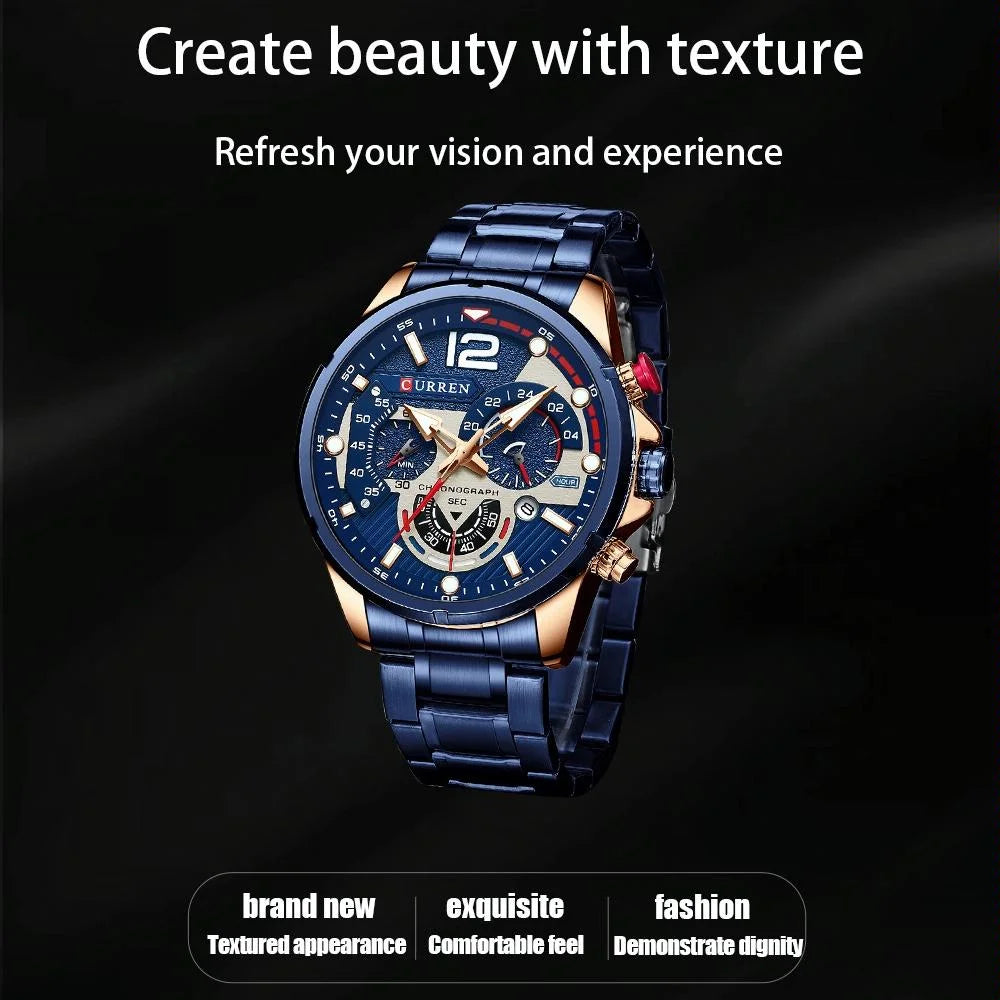 Men Quartz Watch with Six-hand Steel Strap and Calendar