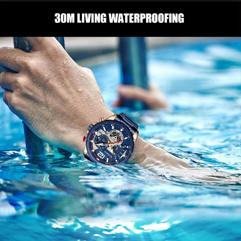 Men Quartz Watch with Six-hand Steel Strap and Calendar