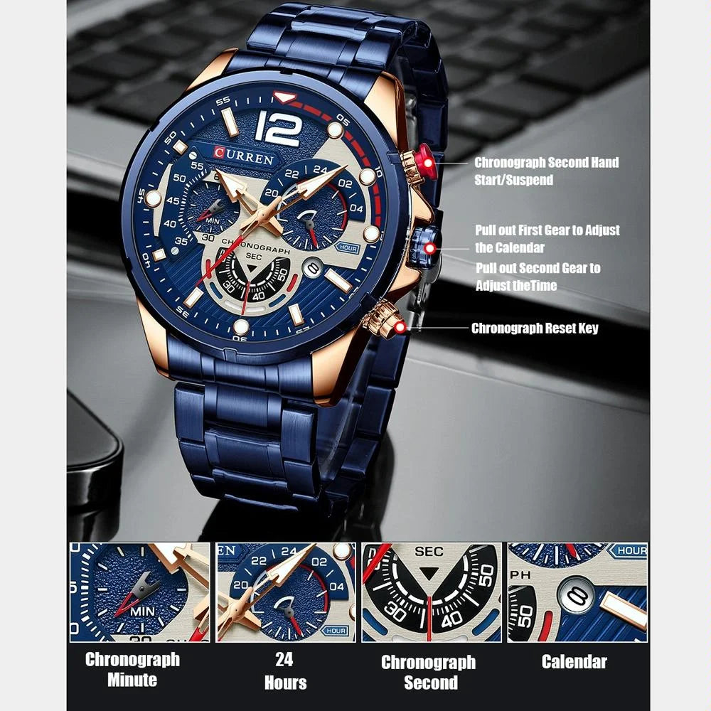 Men Quartz Watch with Six-hand Steel Strap and Calendar