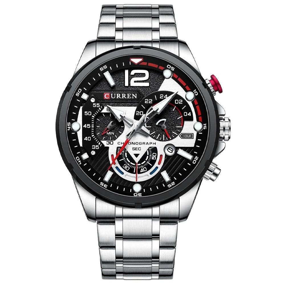 Men Quartz Watch with Six-hand Steel Strap and Calendar