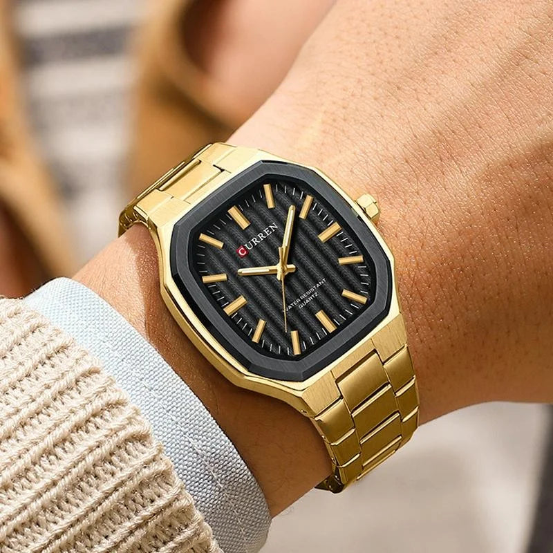 Men Quartz Watch with Steel Strap for Business - Golden
