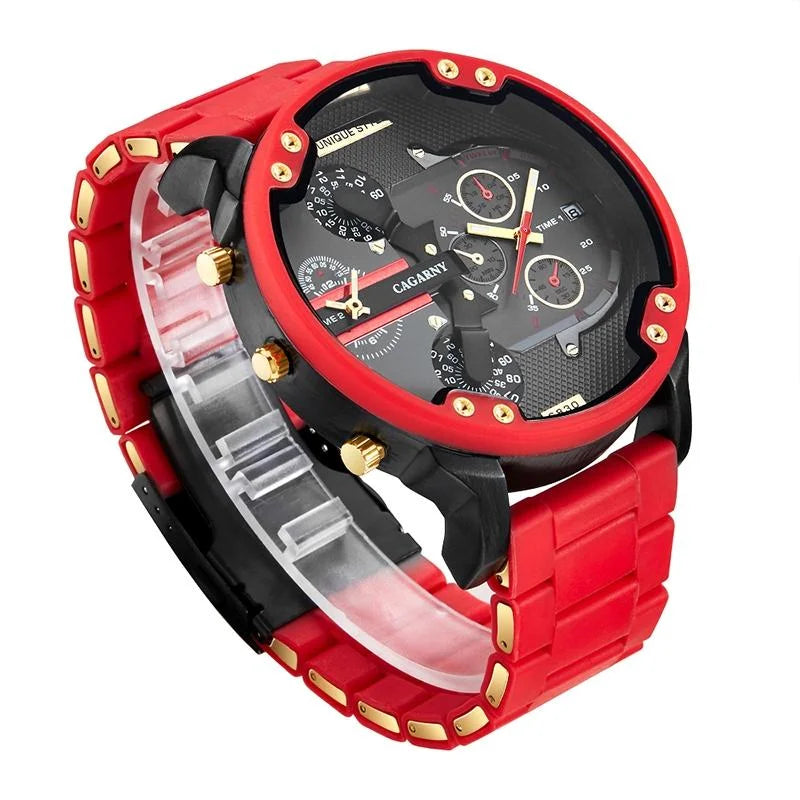 Men Red Rubberized Steel Band Watch with Dual Quartz