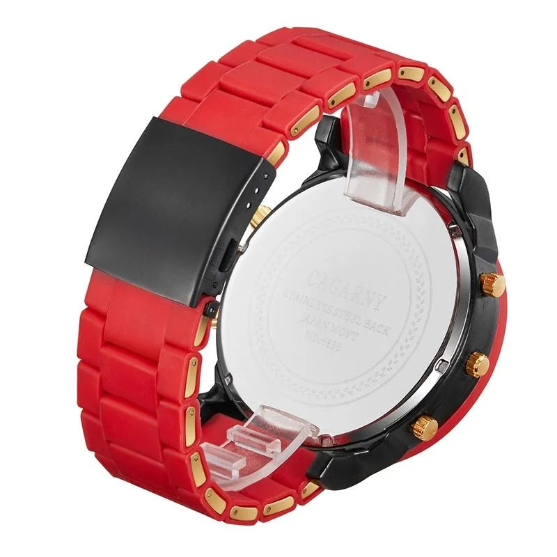 Men Red Rubberized Steel Band Watch with Dual Quartz