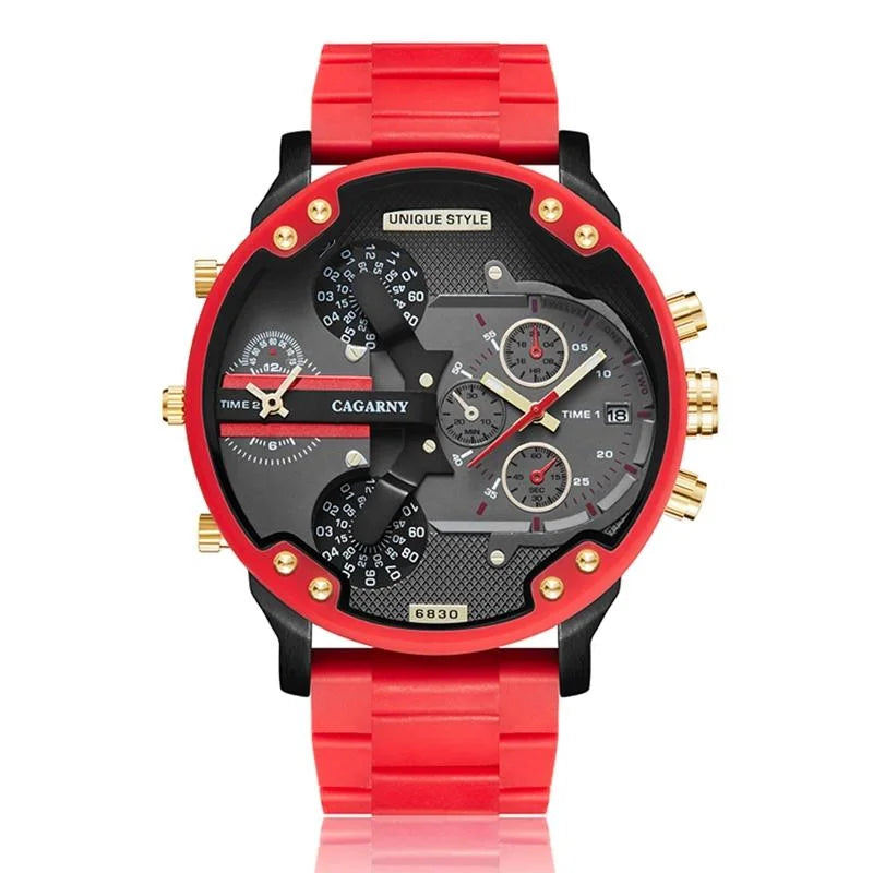 Men Red Rubberized Steel Band Watch with Dual Quartz