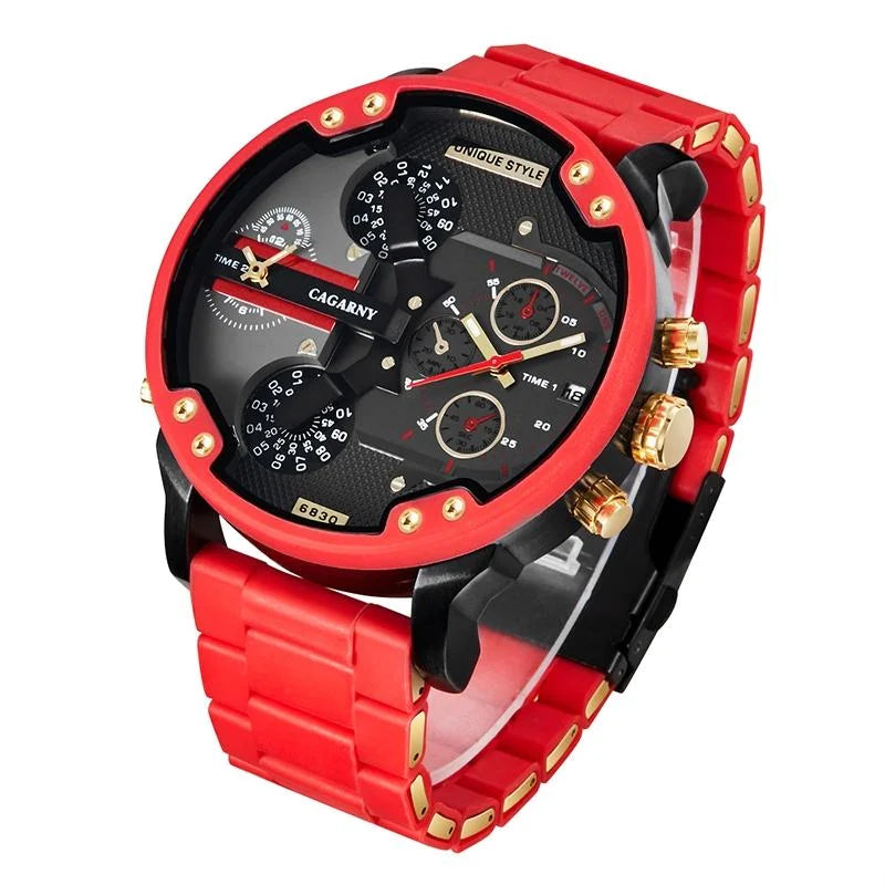 Men Red Rubberized Steel Band Watch with Dual Quartz