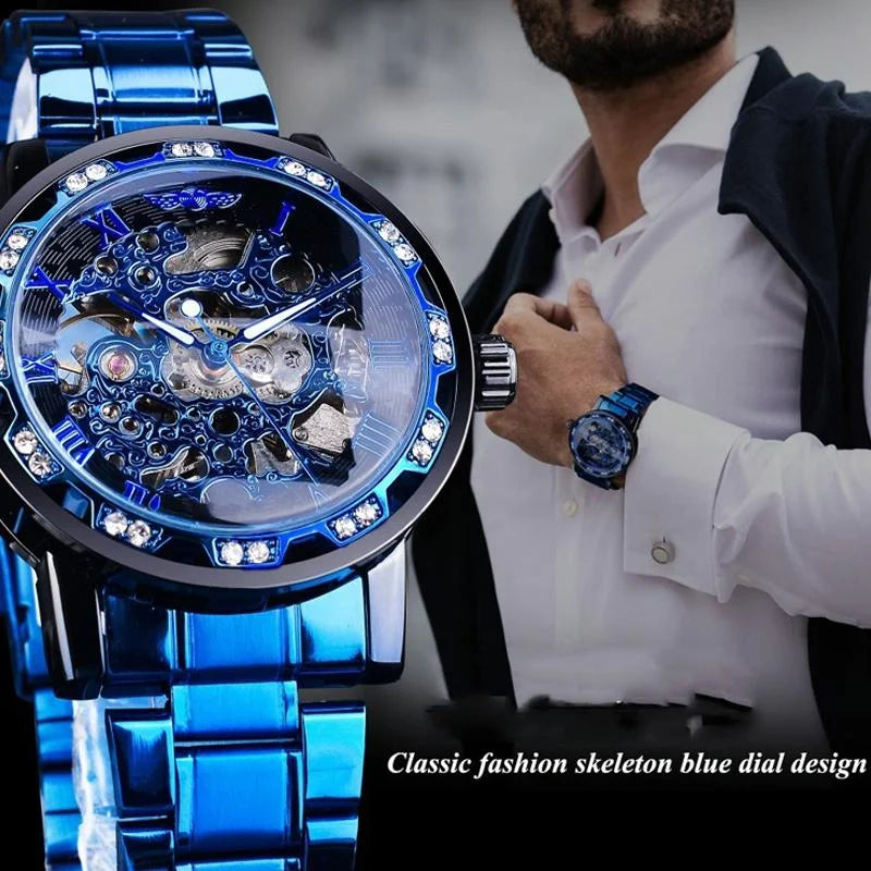 Men Skeleton Diamond Mechanical Watch - Luminous Pointer