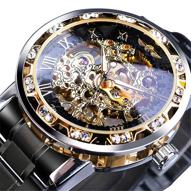 Men Skeleton Diamond Mechanical Watch - Luminous Pointer