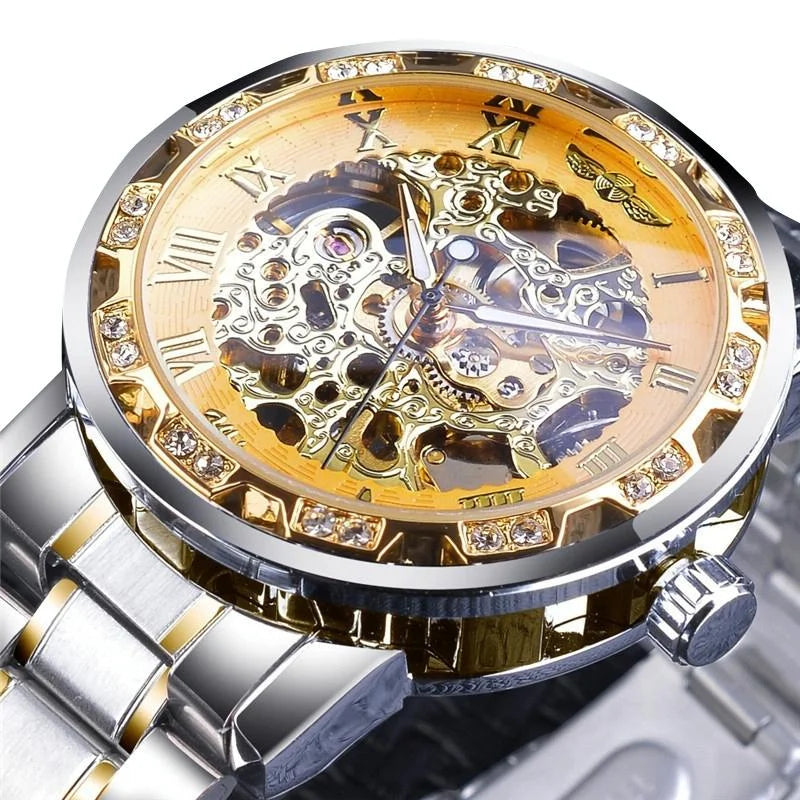 Men Skeleton Diamond Mechanical Watch - Luminous Pointer