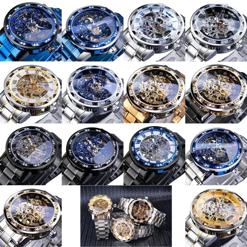 Men Skeleton Diamond Mechanical Watch - Luminous Pointer