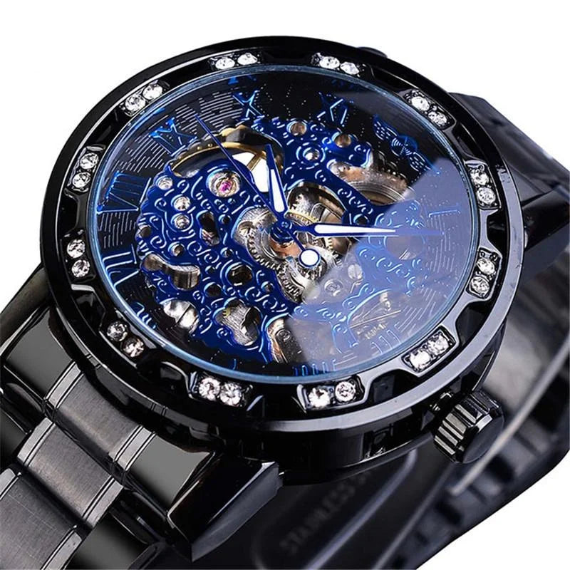 Men Skeleton Diamond Mechanical Watch - Luminous Pointer