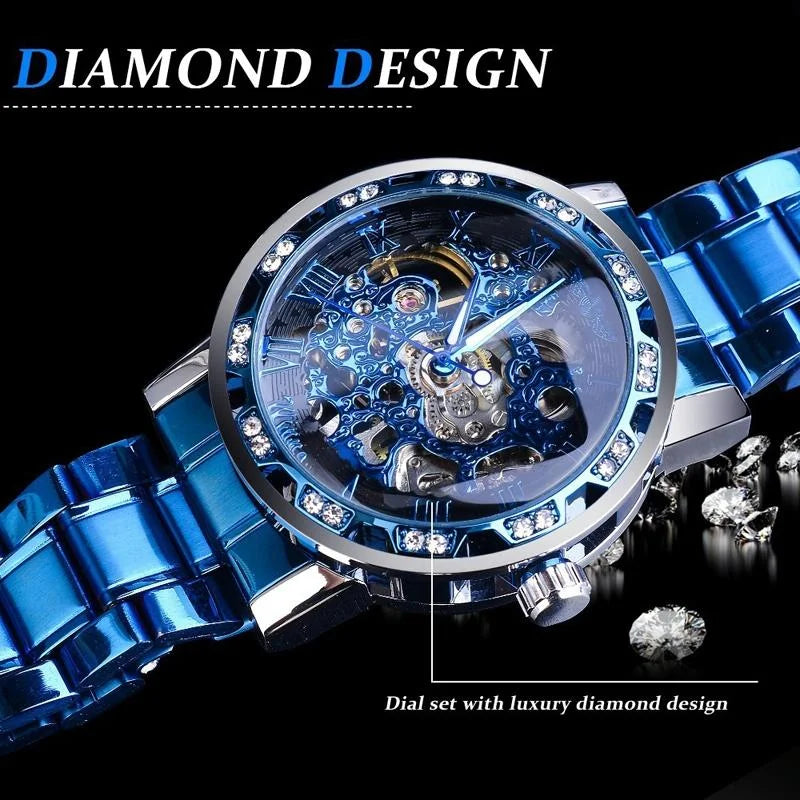 Men Skeleton Diamond Mechanical Watch - Luminous Pointer