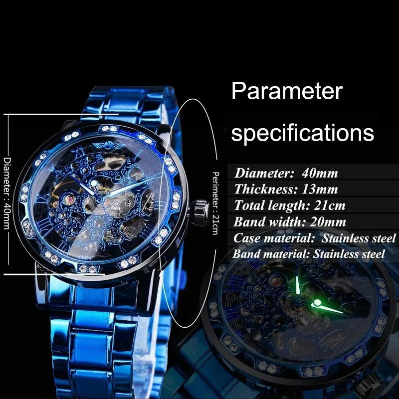 Men Skeleton Diamond Mechanical Watch - Luminous Pointer