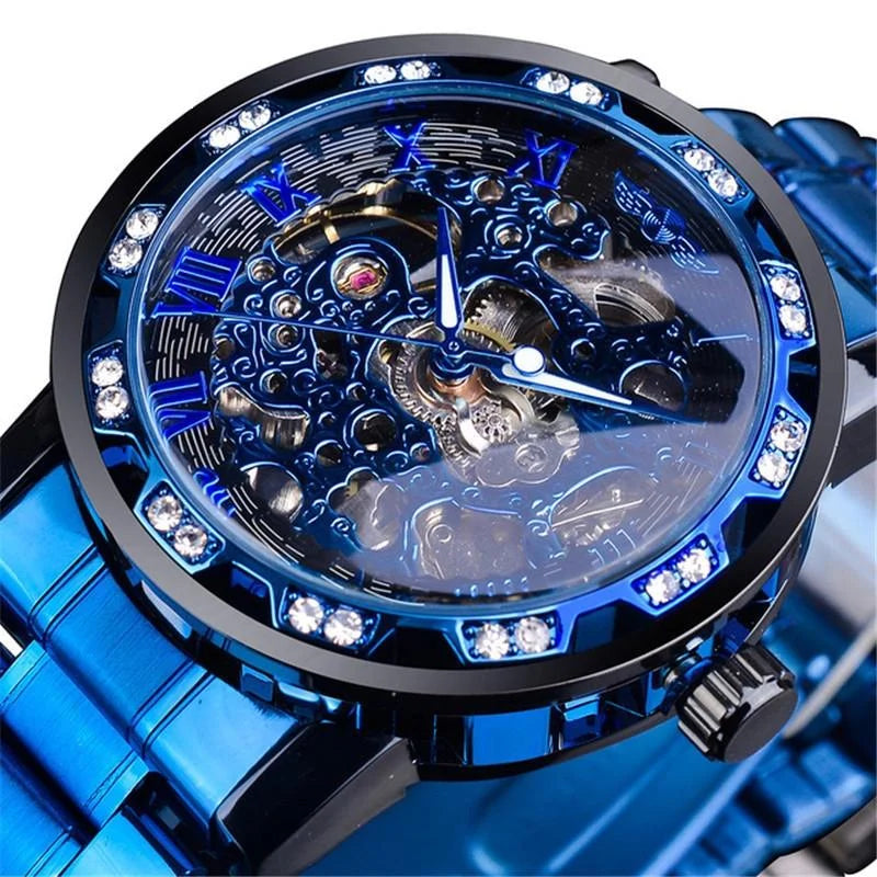 Men Skeleton Diamond Mechanical Watch - Luminous Pointer