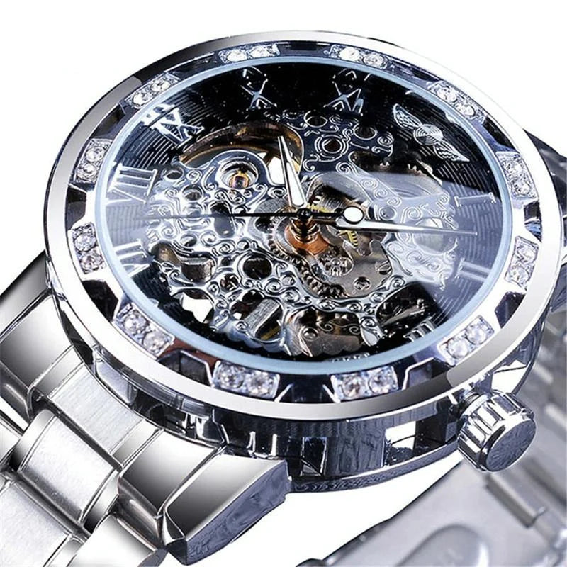Men Skeleton Diamond Mechanical Watch - Luminous Pointer