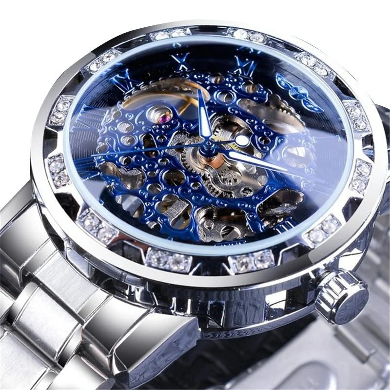 Men Skeleton Diamond Mechanical Watch - Luminous Pointer