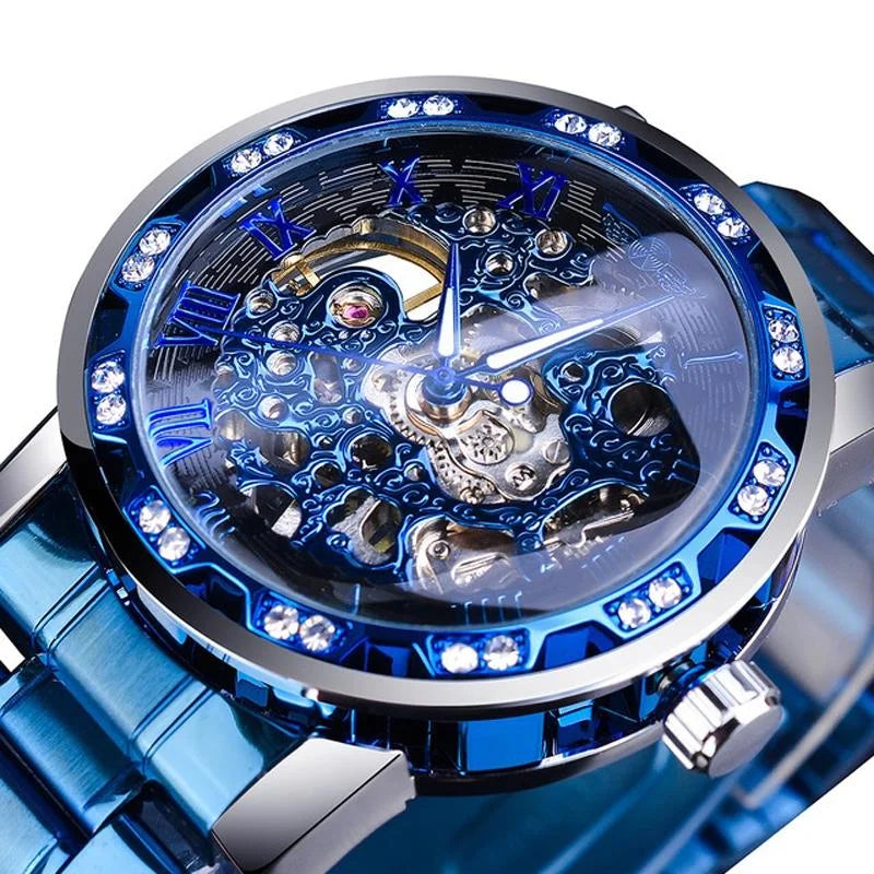 Men Skeleton Diamond Mechanical Watch - Luminous Pointer