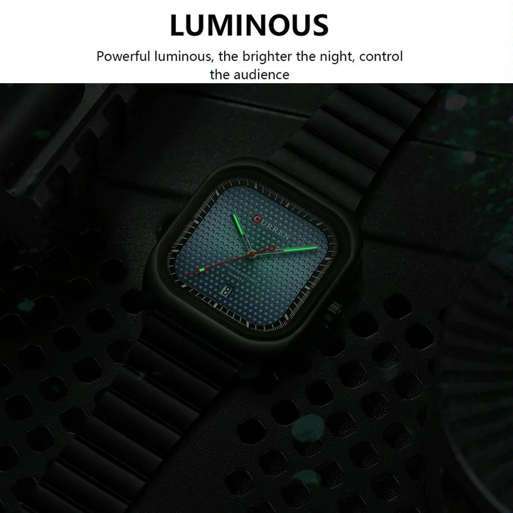 Men Square Steel Strap Quartz Watch - Casual Style - Black