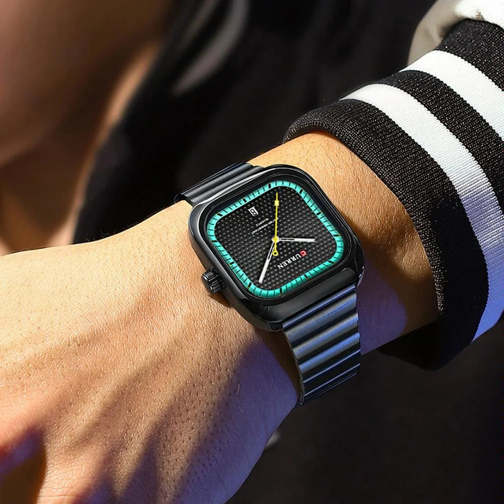 Men Square Steel Strap Quartz Watch - Casual Style - Black