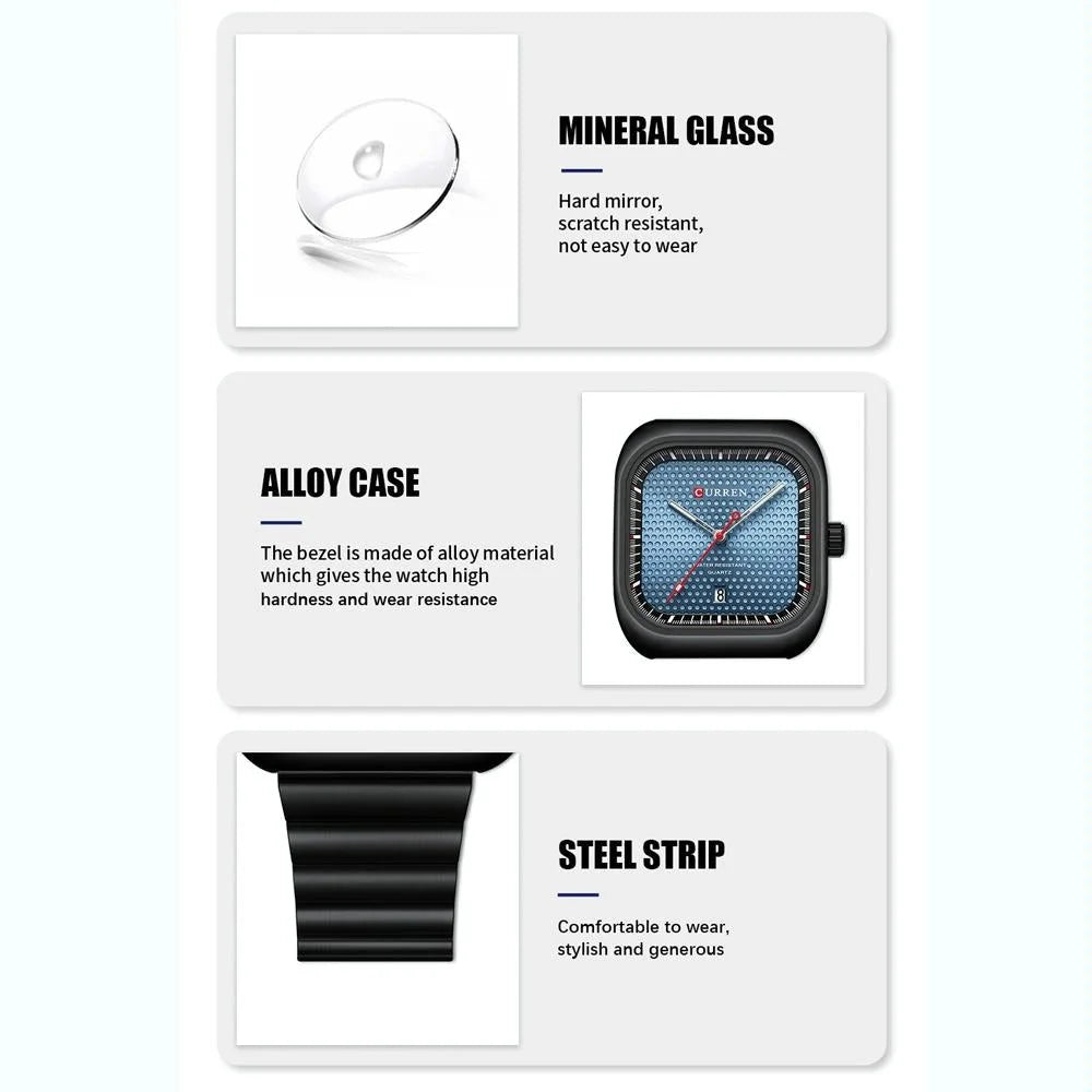 Men Square Steel Strap Quartz Watch - Casual Style - White