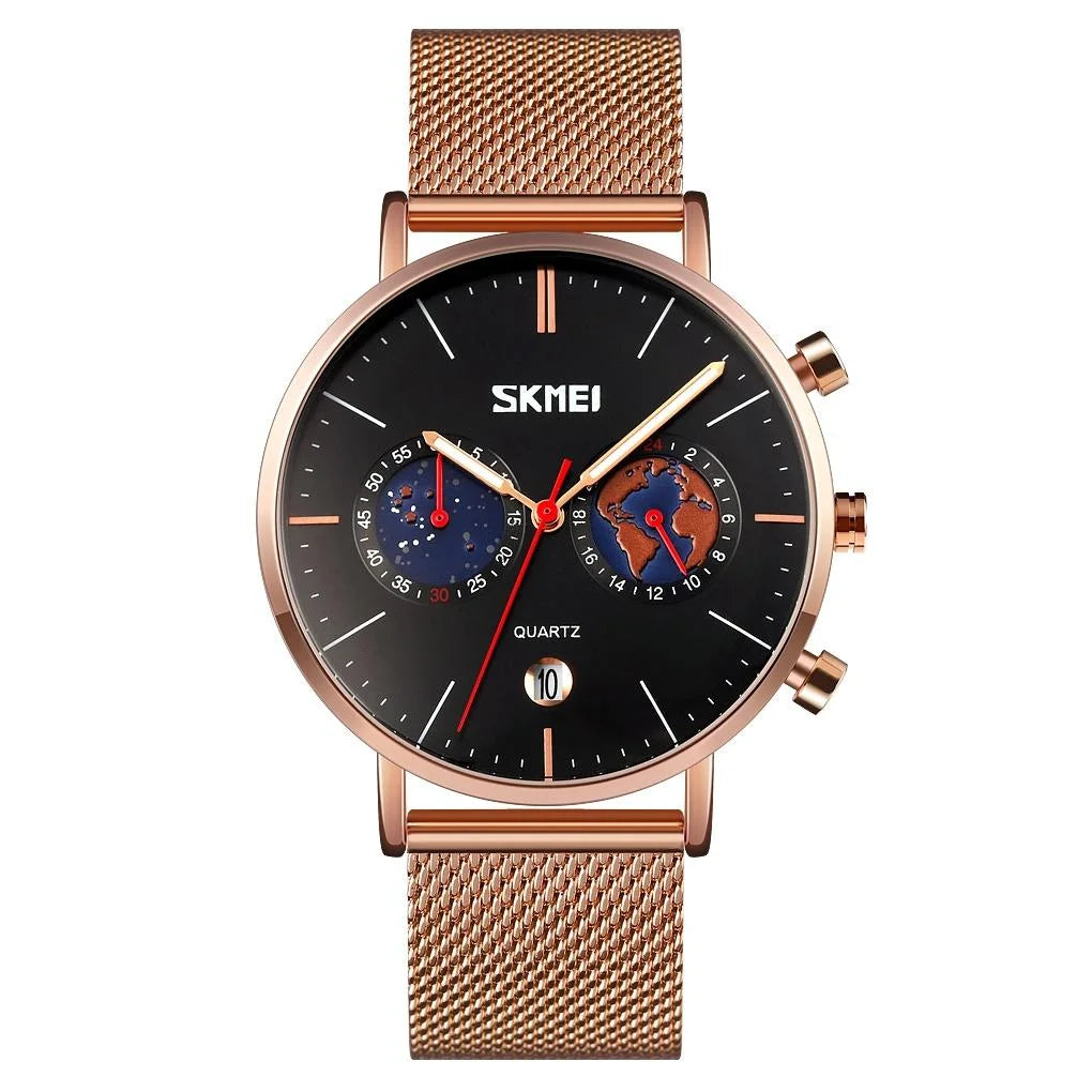 Men Stainless Steel Quartz Watch with Map Pattern Calendar
