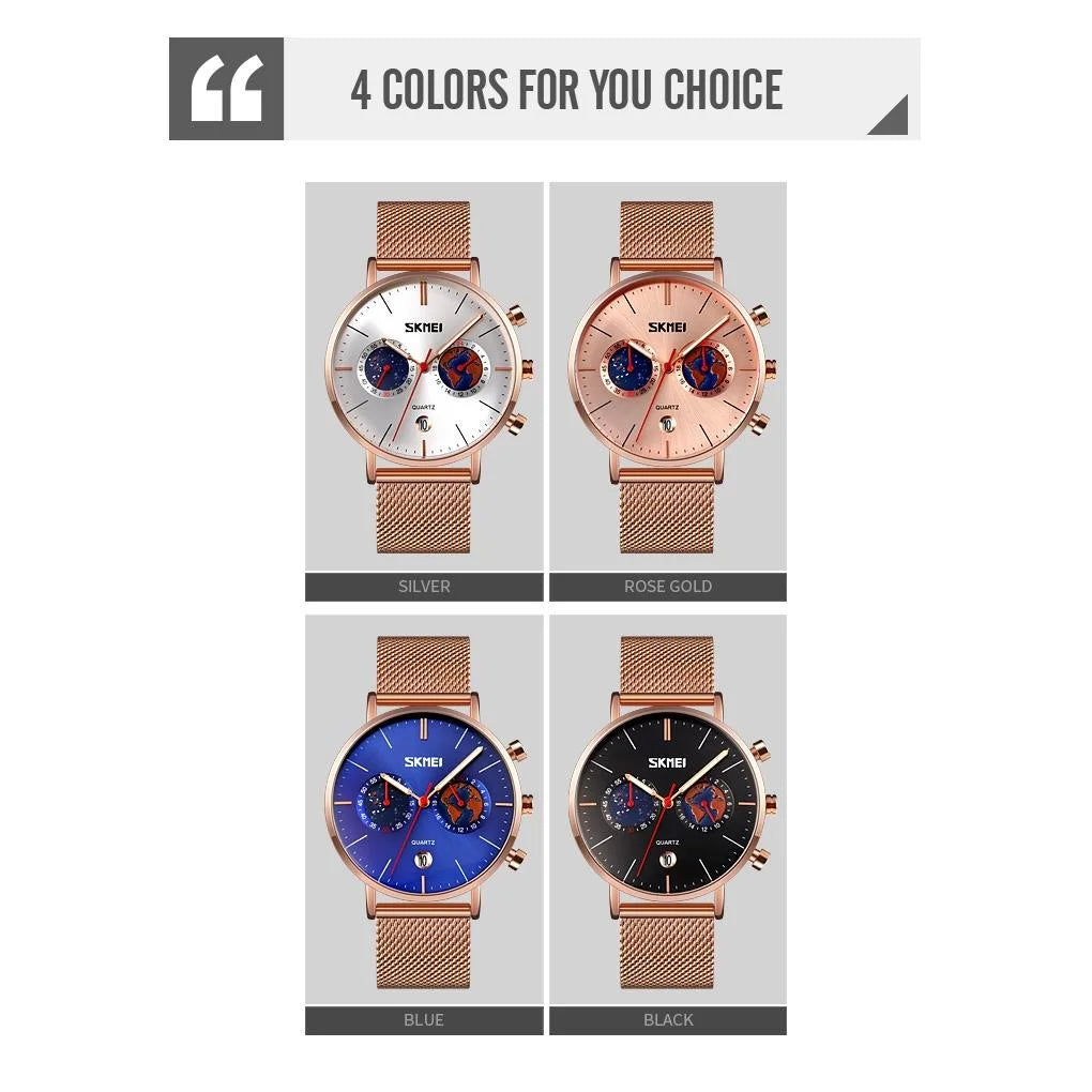 Men Stainless Steel Quartz Watch with Map Pattern Calendar