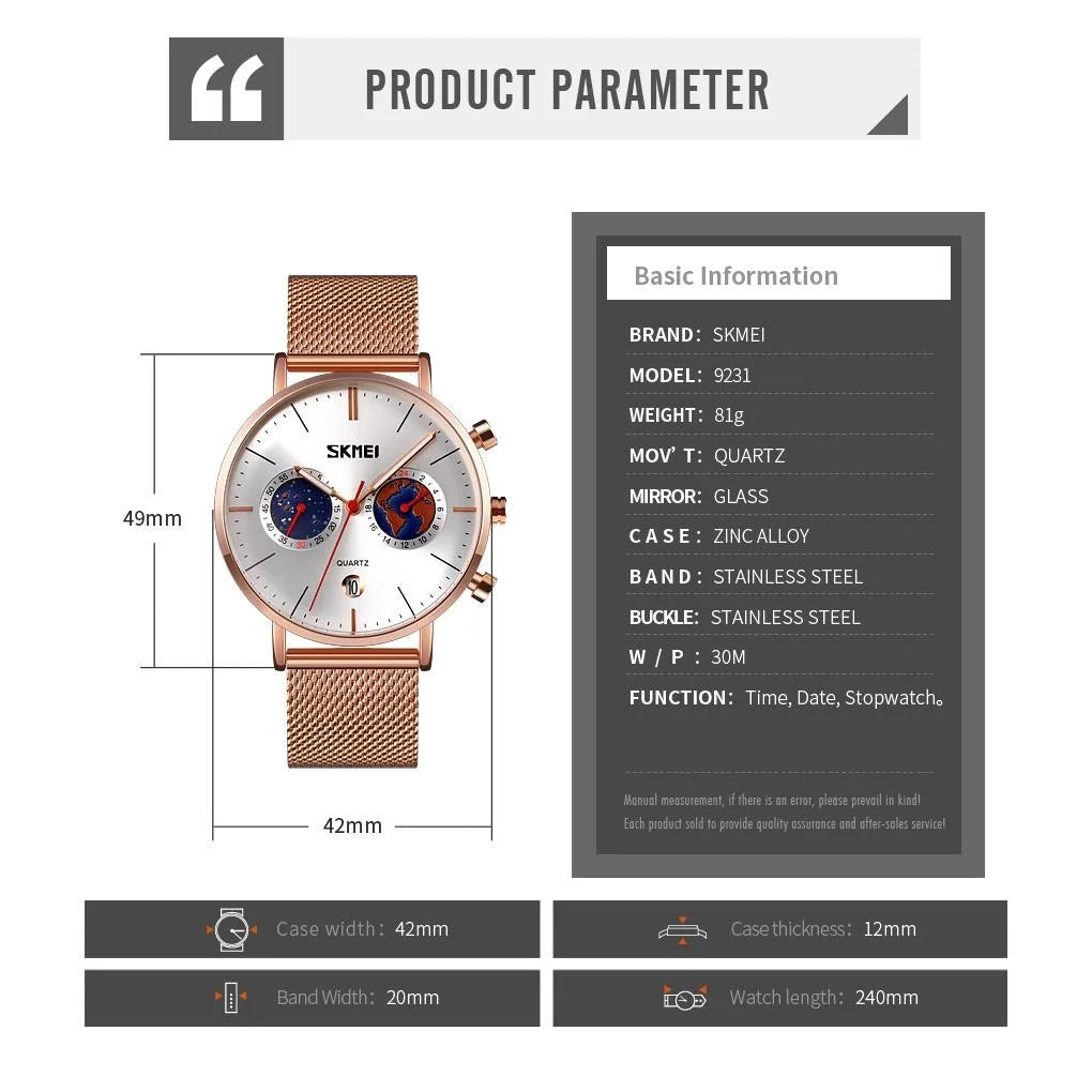 Men Stainless Steel Quartz Watch with Map Pattern Calendar