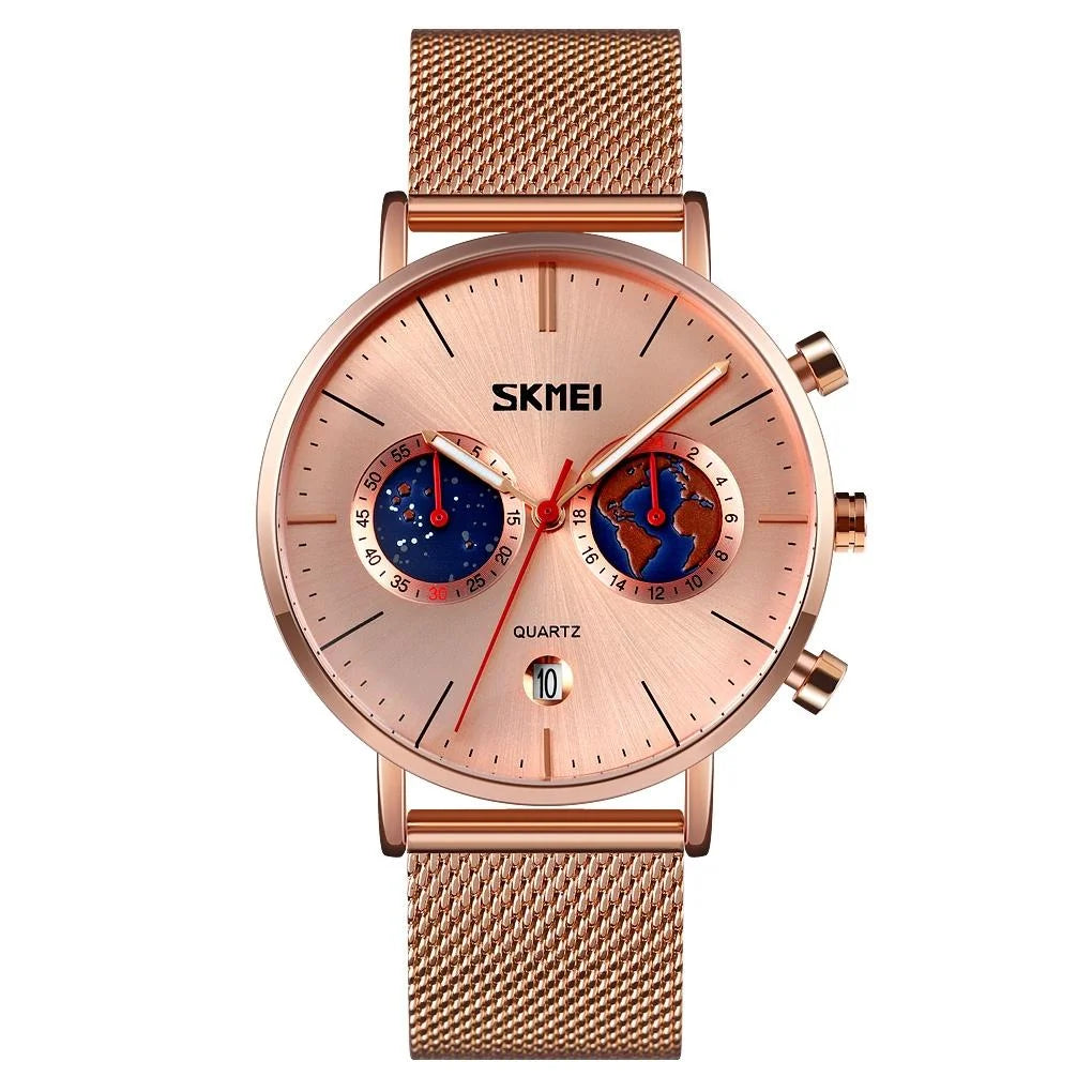 Men Stainless Steel Quartz Watch with Map Pattern Calendar
