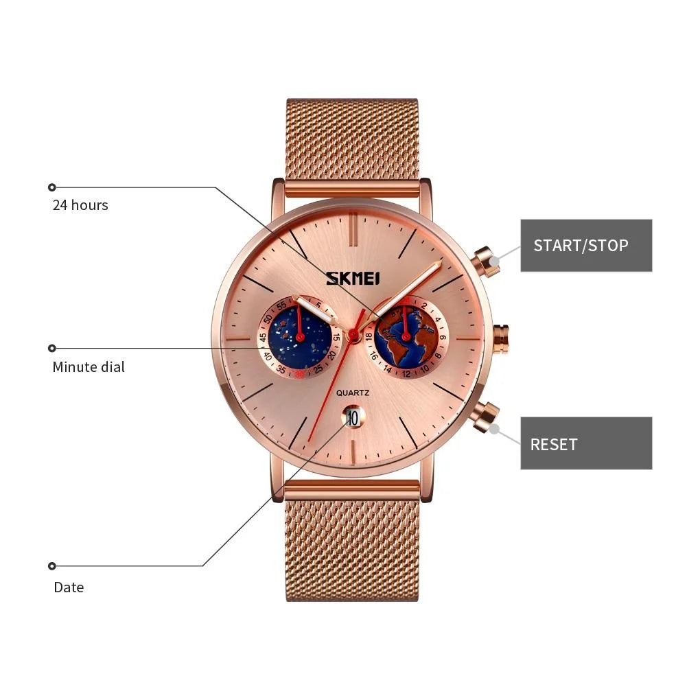 Men Stainless Steel Quartz Watch with Map Pattern Calendar