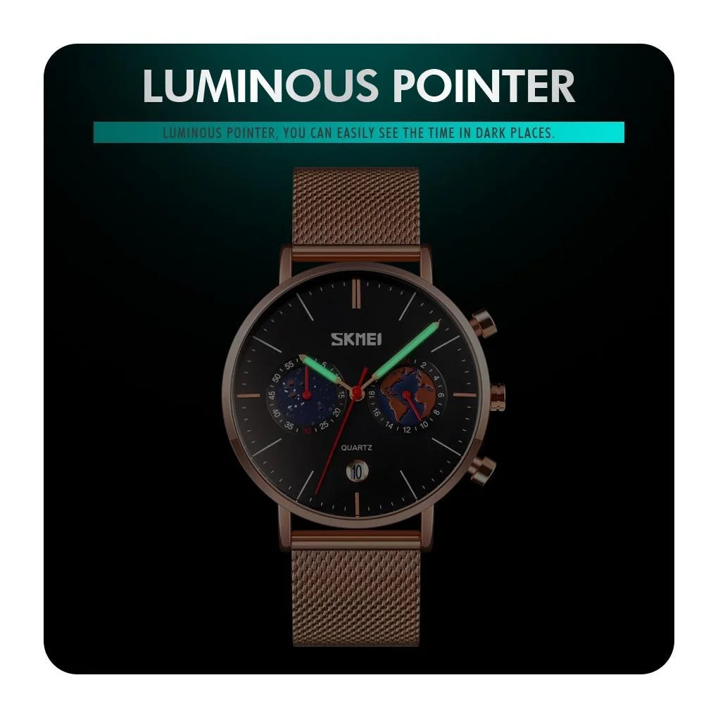 Men Stainless Steel Quartz Watch with Map Pattern Calendar