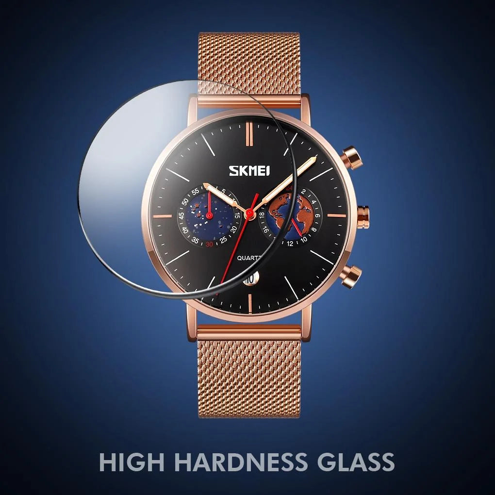 Men Stainless Steel Quartz Watch with Map Pattern Calendar