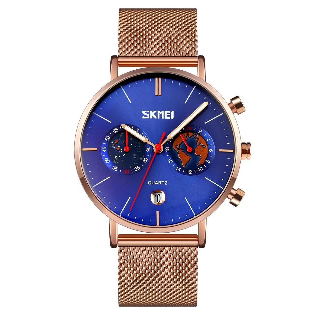 Men Stainless Steel Quartz Watch with Map Pattern Calendar