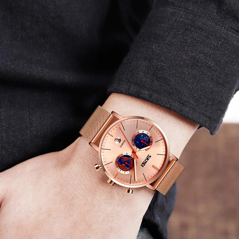 Men Stainless Steel Quartz Watch with Map Pattern Calendar