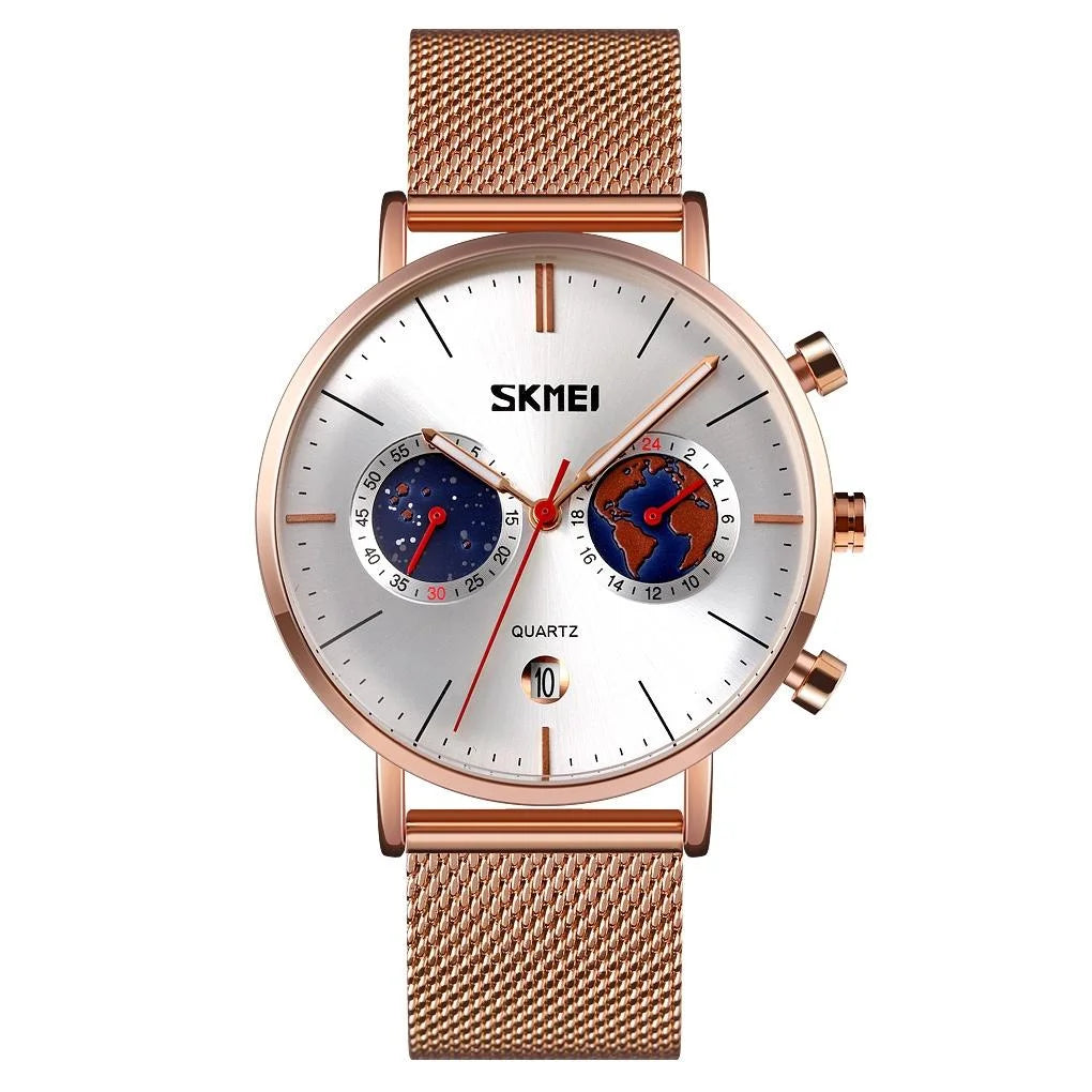 Men Stainless Steel Quartz Watch with Map Pattern Calendar