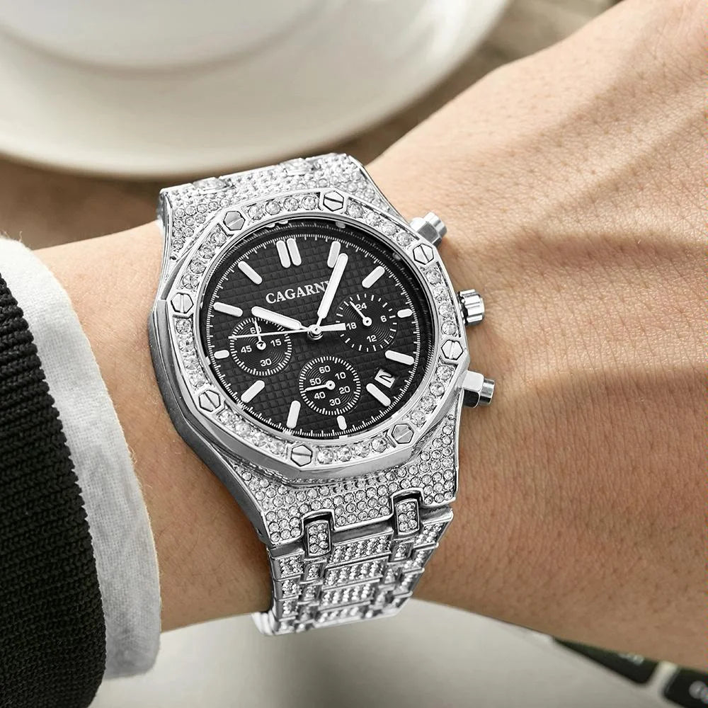 Men Stainless Steel Watch with Diamond-studded Dual