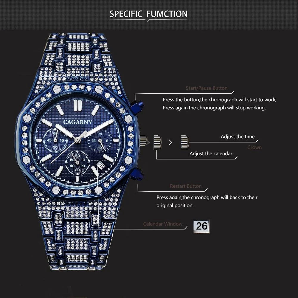 Men Stainless Steel Watch with Diamond-studded Dual