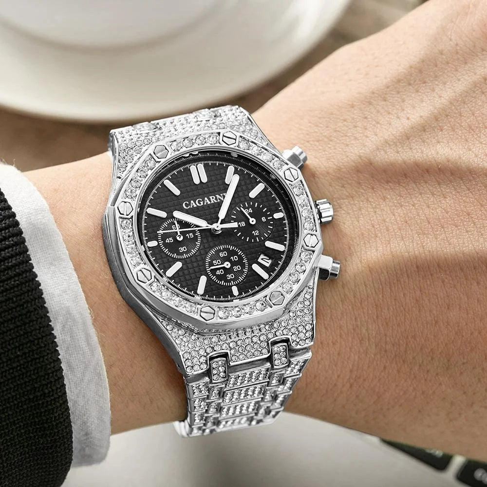 Men Stainless Steel Watch with Diamond-studded Dual