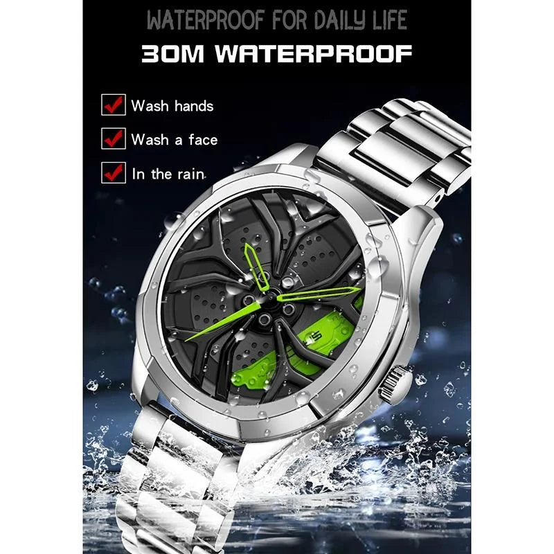 Men Steel Belt Quartz Watch with 3d Hollow out Wheel Design