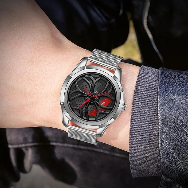 Men Steel Belt Quartz Watch with 3d Hollow out Wheel Design