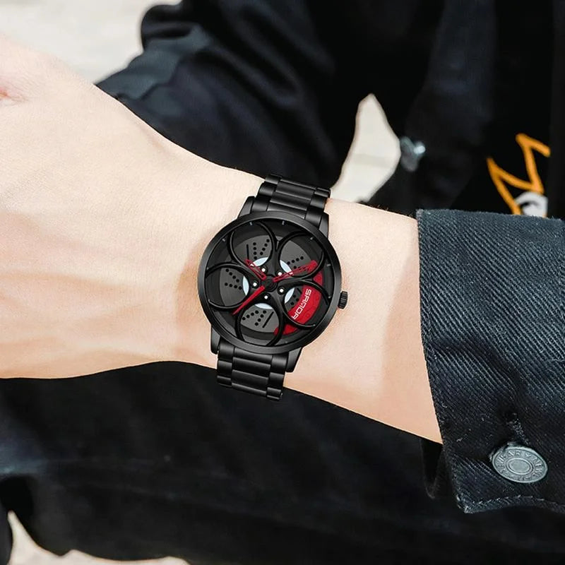 Men Steel Belt Quartz Watch with 3d Oval Hollow out Wheel