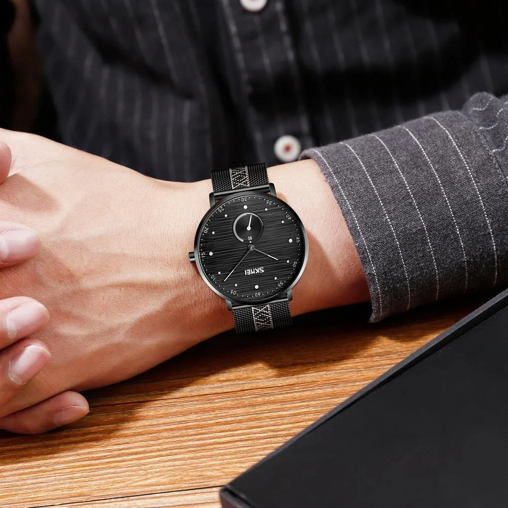 Men Striped Arabic Numeral Mesh Quartz Watch - Horizontal
