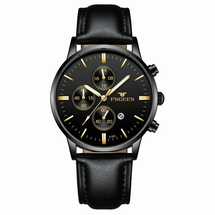 Men Three-eye Luminous Quartz Watch - Black / Gold