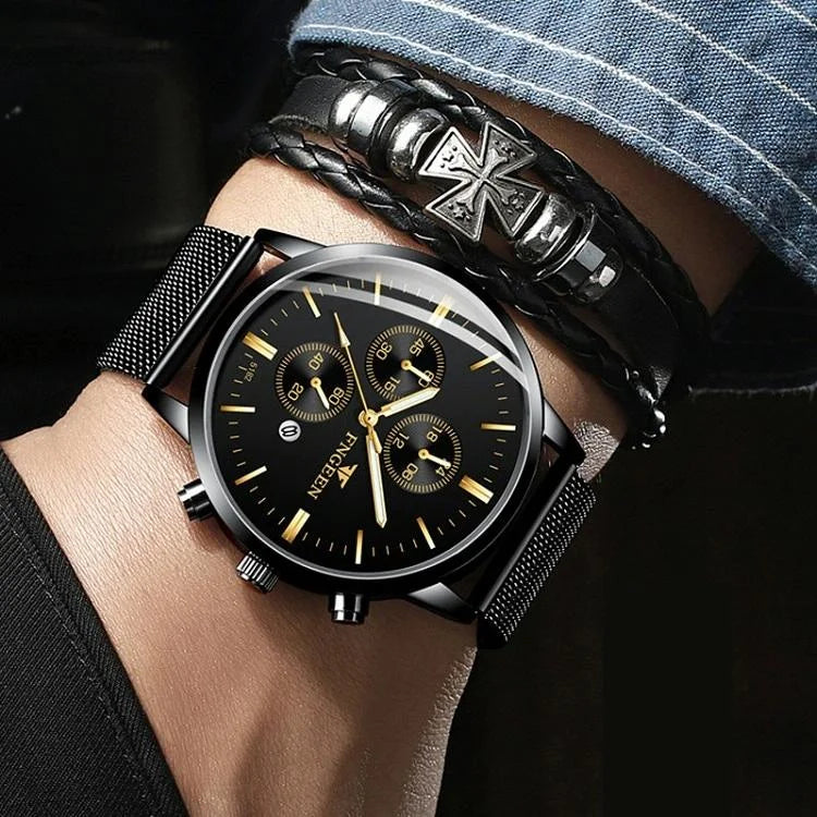 Men Three-eye Luminous Quartz Watch - Black / Gold
