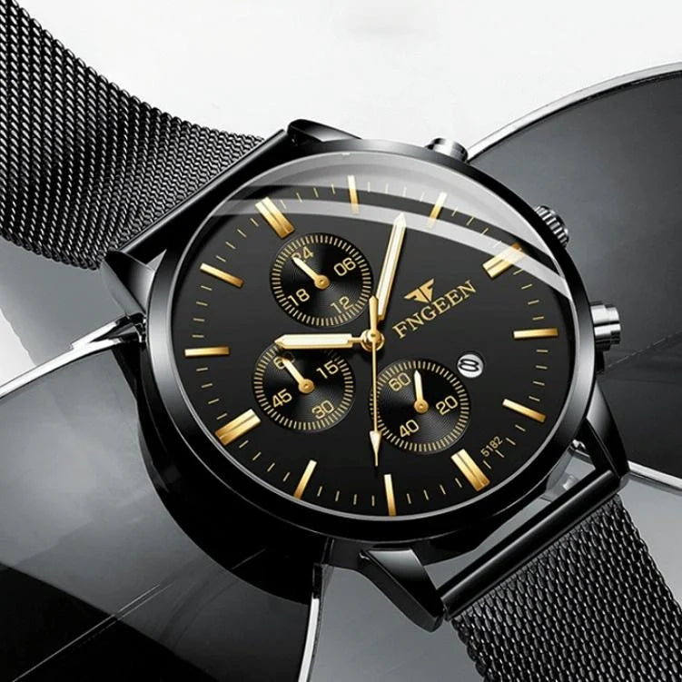 Men Three-eye Luminous Quartz Watch - Black / Gold