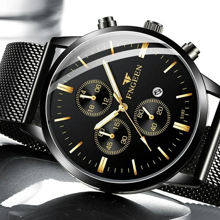 Men Three-eye Luminous Quartz Watch - Black / Gold