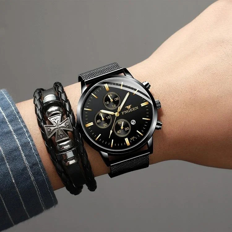 Men Three-eye Luminous Quartz Watch - Black / Gold