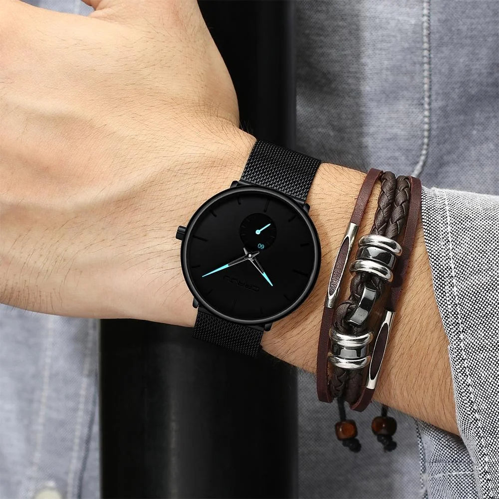 Men Waterproof Quartz Watch with Small Seconds and Mesh