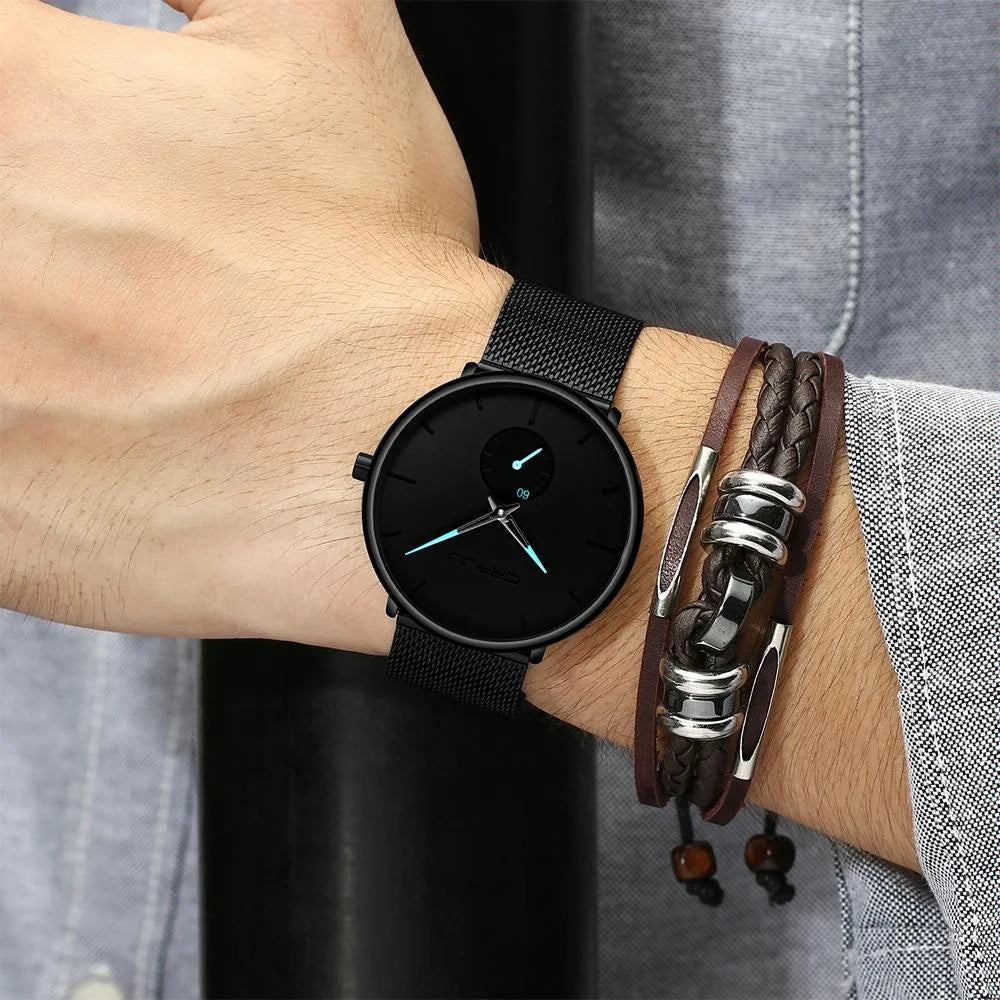 Men Waterproof Quartz Watch with Small Seconds and Mesh