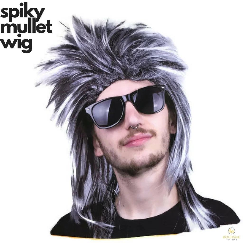MENS MULLET WIG 80s Fancy Dress Mens Party Costume Spiky