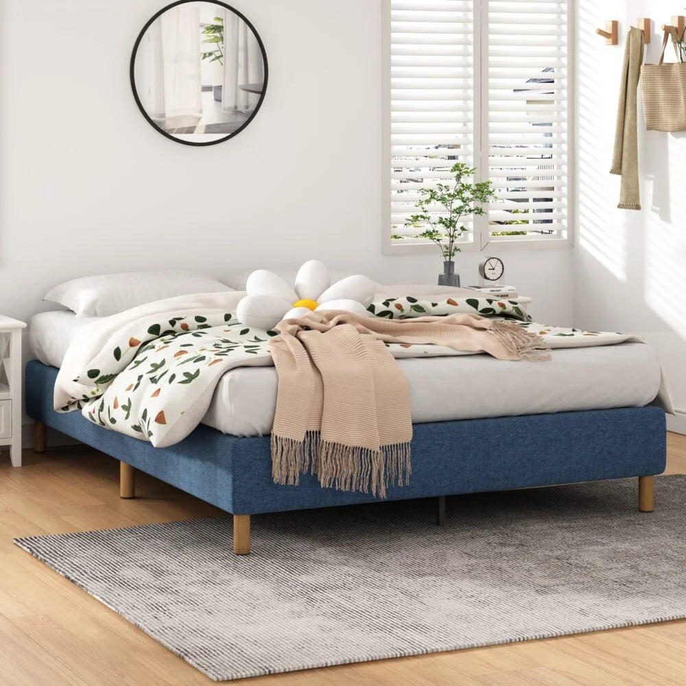 Metal Bed Frame Mattress Foundation - Blue Queen - Furniture
