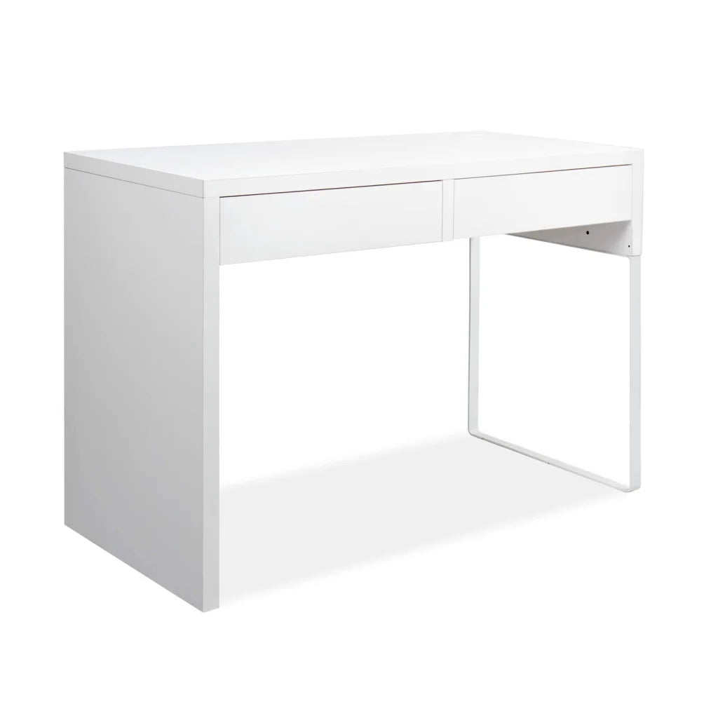 White metal home office desk with desktop shelf and metal side legs